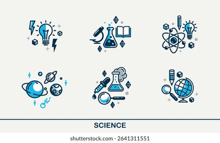 Science vector detailed icons set, physics and chemistry bundle, mathematics and geography study education.