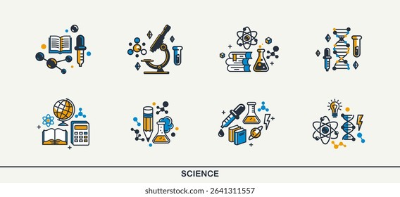 Science vector detailed icons set, molecules and atoms laboratory experiment, book university study, flask and tube experiment.