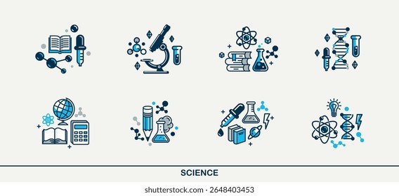 Conjunto de ícones detalhados de vetor de ciência, conjunto de física e química, matemática e educação de estudo de geografia.