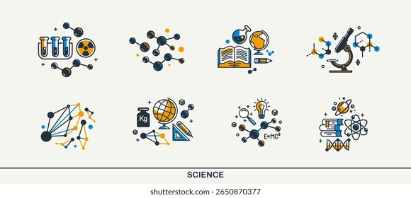 Science vector detailed icons set, physics and chemistry bundle, mathematics and geography study education.