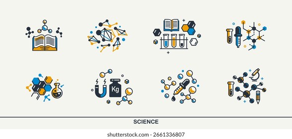 Conjunto de ícones detalhados do vetor da ciência, pacote de educação escolar e universitária, estudo científico e pesquisa, física e química.