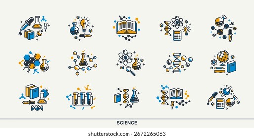 Wissenschaft, Vektorgrafik, detaillierte Ikonen, Schule und Hochschule, wissenschaftliche Studien und Forschung, Physik und Chemie.