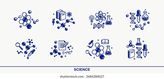 Science vector detailed icons set, school and university education bundle, scientific study and research, physics and chemistry.