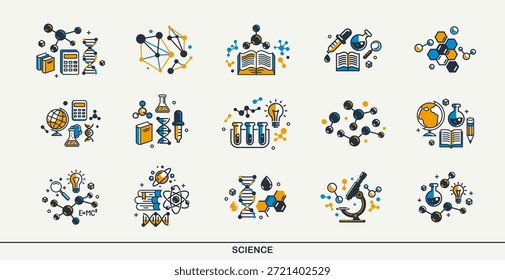 Wissenschaft Vektor detaillierte Ikonen Set, Physik und Chemie Bundle, Mathematik und Geografie Studie Bildung.