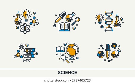 Wissenschaft, Vektorgrafik, detaillierte Ikonen, Schule und Hochschule, wissenschaftliche Studien und Forschung, Physik und Chemie.