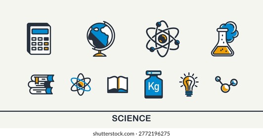 Science vector detailed icons set, physics and chemistry bundle, mathematics and geography study education.