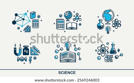Science vector detailed icons set, molecules and atoms laboratory experiment, book university study, flask and tube experiment.
