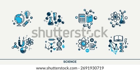 Science vector detailed icons set, molecules and atoms laboratory experiment, book university study, flask and tube experiment.