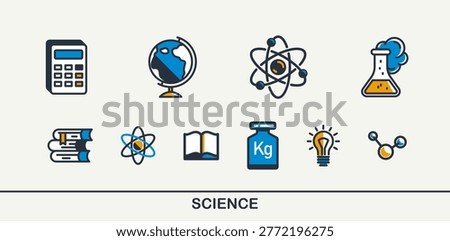 Science vector detailed icons set, physics and chemistry bundle, mathematics and geography study education.