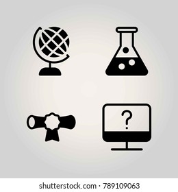 Science vector icon set. cetificate, flask and monitor