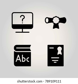 Science vector icon set. cetificate, diploma and book