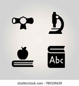 Science vector icon set. cetificate, microscope and book