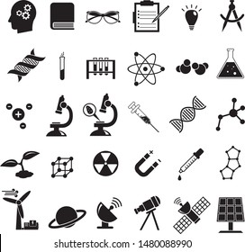Science vector icon set, education chemistry, physics, biology icons like solar panel, microscope, syringe, DNA molecule and others