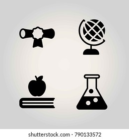 Science vector icon set. flask, diploma and cetificate