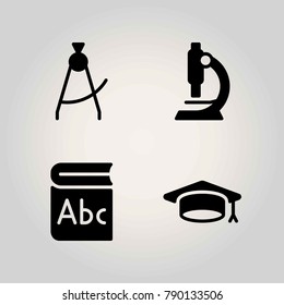 Science vector icon set. mortarboard, compass and book
