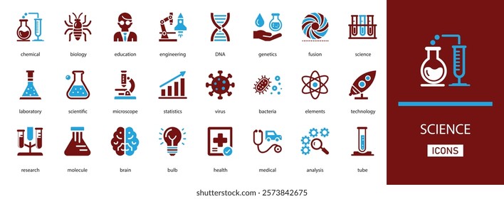 Science vector icon set. with research , bacteria,  laboratory, biology,  chemical, tube and more solid symbol
