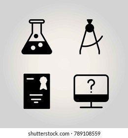 Science vector icon set. serticifate, diploma and flask
