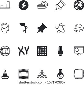 science vector icon set such as: lamp, bunsen, pictogram, radioactive, sales, stream, crater, biotech, vehicle, communication, tree, alien, chromosomes, continent, map, contact, electronics, lamps