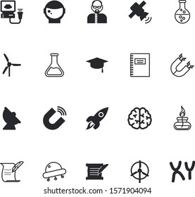 science vector icon set such as: graduating, page, biotechnology, ufo, spacesuit, chromosome, light, einstein, sheet, bulb, rocketship, book, degree, bachelor, ultrasonography, achievement, receiver