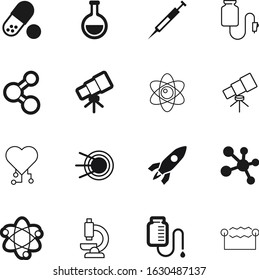 science vector icon set such as: dose, development, prescription, voltage, macro, retro, flask, scientist, 3d, globe, engineering, needle, board, microscope, particle, sputnik, pill, orb, tech