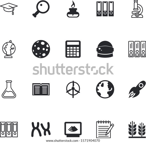 science vector icon set such as: bakery, marketing,\
generation, bookstore, master, library, learning, professor,\
microscope, magnifier, pictogram, search, barley, waves, dark,\
achievement, food,\
moon