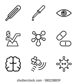science vector icons. Set of 9 science outline icons such as brain, mathematical square, pipette, themometer, pill, eye, bacteria, satellite