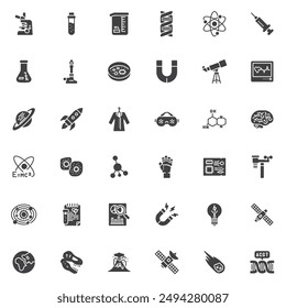 Conjunto de iconos vectoriales de Ciencia, colección de símbolos sólidos modernos, paquete de pictogramas de estilo relleno. Señales, ilustración del logotipo. El conjunto incluye iconos como microscopio, tubo de prueba, hélice del ADN, matraz químico, telescopio