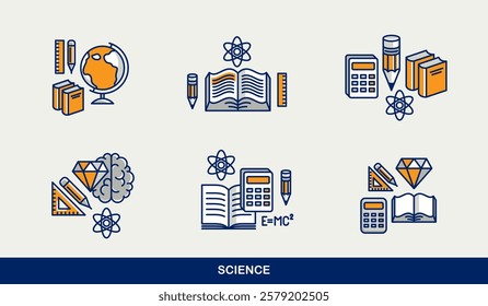 Science vector icons set, physics and chemistry, mathematics and geography, research and experiments.