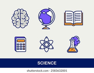 Science vector icons set, physics and chemistry, mathematics and geography, research and experiments.