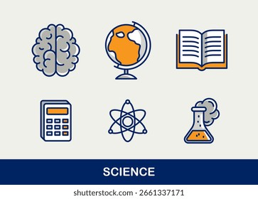 Conjunto de iconos vectoriales de Ciencia, física y química, matemáticas y geografía, investigación y experimentos.