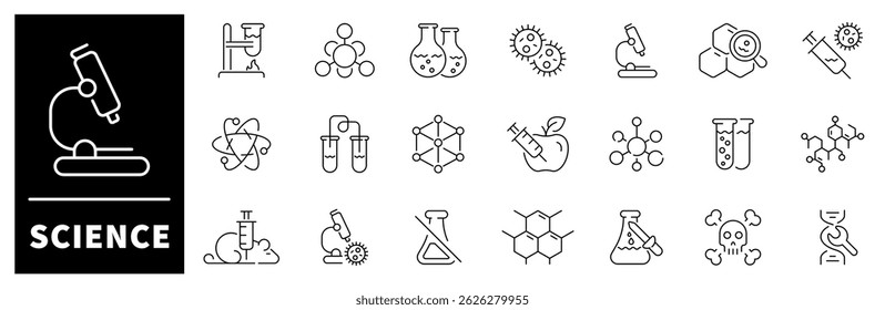 Ícones de vetores de ciência. Coleção de ícones de linha fina de ciência.  Científico, educação, escola, conhecimento, biologia, laboratório, experimento, cientista, pesquisa, física, química, ícones relacionados à ciência