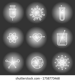 science vector icons,lab illustration line icons with black background, science symbol line icons, isolated white science icons with back light and blackground