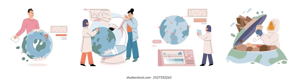 Science. Vector illustration. Analysis research findings helps to identify trends and patterns Scientists investigate underlying mechanisms behind observed phenomena Education plays vital role