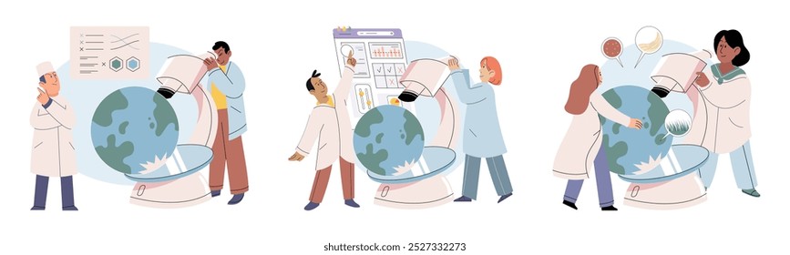 Ciência. Ilustração vetorial. Exploração de territórios inexplorados amplia fronteiras do conhecimento científico A experimentação é um método-chave para testar teorias e hipóteses científicas Conceitos científicos