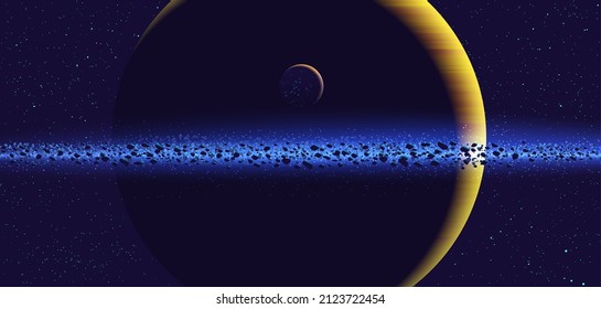 Science vector illustration of a giant ring planet with its orbiting habitable moon