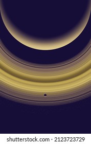 Science vector illustration of a giant ring planet with its orbiting moon