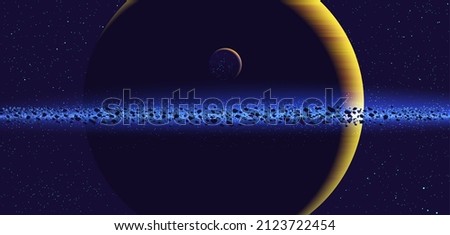 Science vector illustration of a giant ring planet with its orbiting habitable moon