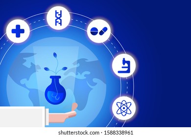 Science vector illustration. Hand of scientist with plant in flask and icon around the earth.