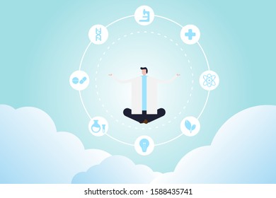 Science vector illustration. Scientist float above the clouds with science icons.