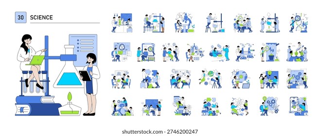 Science vector illustration showing individuals interacting with lab equipment and technology in a laboratory setting. Scenes depict teamwork and innovation in various scientific experiments.