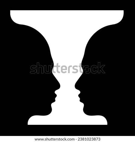 Science vector infographics. Optical illusion. Face profiles and vase. Silhouettes of two heads. Edgar Rubin illusion