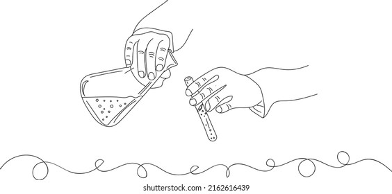 Science vector, Pathology lab logo, sketch drawing of hand holding beer and test tube, silhouette of hand holding science equipment
