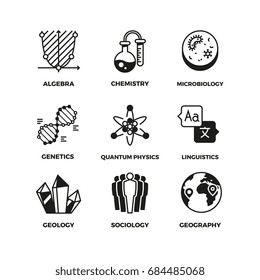 Science vector pictograms. Genetics and algebra, chemistry and biology, geography and sociology, linguistics and quantum physics symbols. Mathematics and globe, studying physics and geography