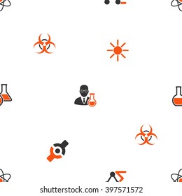 Science vector repeatable pattern. Style is flat orange and gray icon symbols on a white background.