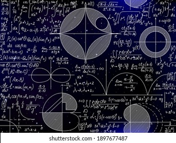 Science vector seamless background with math figures, plots and formulas, handwritten on the starry space sky