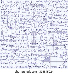 Science vector seamless pattern with equations, formulas, plots, figures, mathematical calculations, "handwritten on a copybook paper"