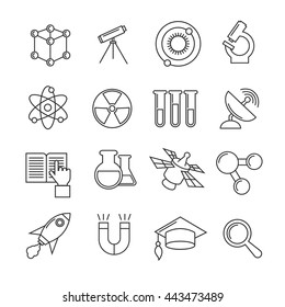 Science vector thin line icons set. Research and study science, radioactive science icons of set illustration