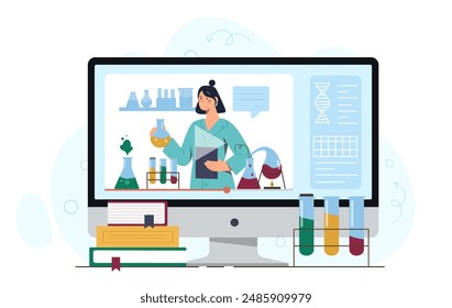 Science video lesson. Computer screen with teacher leading lecture on chemistry or biology. Education and learning on internet. Online course at university. Cartoon vector illustration