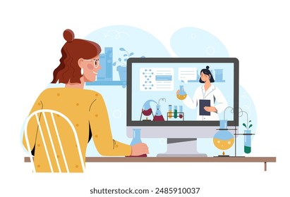 Science video lesson. Woman sitting at computer screen and watching lecture on chemistry or biology. Education and learning. Online course at university. Cartoon vector illustration