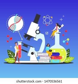 Science web banner concept. Idea of education and knowledge. Chemistry experiment and research. Microscope in laboratory. Vector illustration in cartoon style